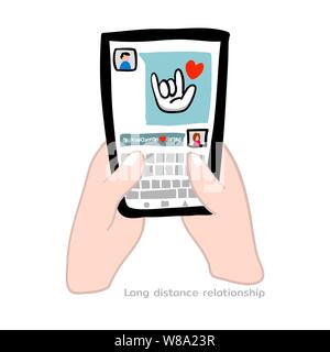 Hand draw of Handheld smartphone of lover chatting conversation. It's very important social media for long distance relationship. This technology for Stock Vector