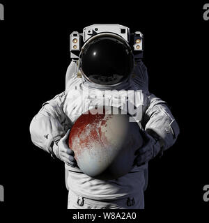 astronaut holding dwarf planet Pluto, isolated on black background Stock Photo