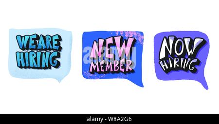 Hr phrases with speech bubbles. We are hiring. New member. Now hiring. Recruitment messages isolated on white background. Elements for flyer, cards, s Stock Vector