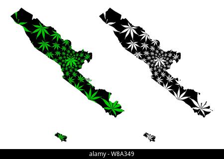Bengkulu (Subdivisions of Indonesia, Provinces of Indonesia) map is designed cannabis leaf green and black, Bencoolen or British Bencoolen map made of Stock Vector