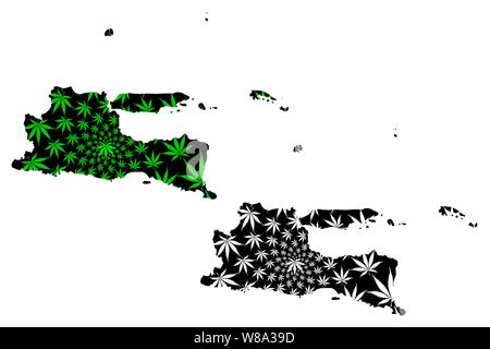 East Java (Subdivisions of Indonesia, Provinces of Indonesia) map is designed cannabis leaf green and black, Jawa Timur map made of marijuana (marihua Stock Vector