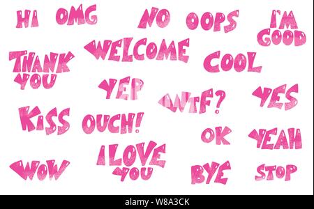 Set of expressions. Ok, yep, wow, omg, welcome, cool, I love you, bye,no, stop phrases. Hand drawn collection of stylized words. Poster, banner, greet Stock Vector