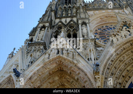 Closeup of Notre Dame Cathedral in Reims, France Stock Photo