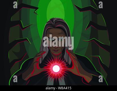 the wizard in the forest holds a magic red ball in the dark forest Stock Vector
