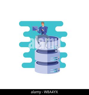 business man sitting in data center disks with laptop vector illustration design Stock Vector