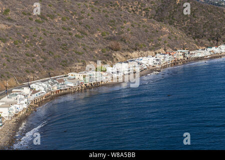 Aerial of scenic shoreline homes near Los Angeles and Santa Monica on Pacific Coast Highway in Malibu, California. Stock Photo