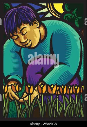 Asian male gardener tending to a row of tulips in a stark heavy black line style like stained glass illustration with sun & trees as a backdrop Stock Vector
