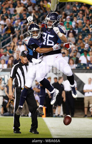 Philadelphia, USA. August 8, 2019: Tennessee Titans tight end Anthony Firkser (86) celebrates his touchdown with wide receiver Kalif Raymond (14) during the NFL game between the Tennessee Titans and the Philadelphia Eagles at Lincoln Financial Field in Philadelphia, Pennsylvania. Christopher Szagola/CSM Credit: Cal Sport Media/Alamy Live News Stock Photo