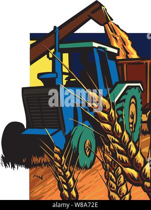 Vintage blue tractor towing a hamper with a large loading arm filling it, harvesting wheat grain. Stock Vector