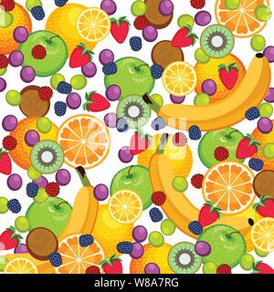 Mixed fruit cocktail with kiwi, bananas, oranges, apples, green and red grapes, strawberries, raspberries and blackberries Stock Vector