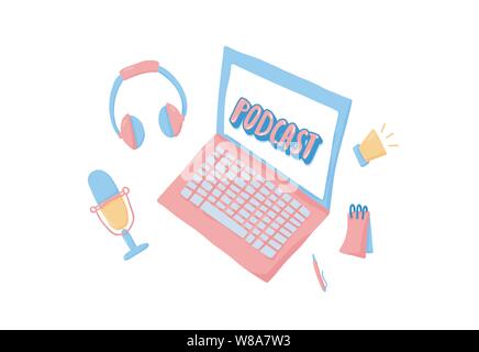Podcast emblem with handwritten lettering and decoration. Text and podcasts symbols isolated. Vector conceptual illustration. Stock Vector