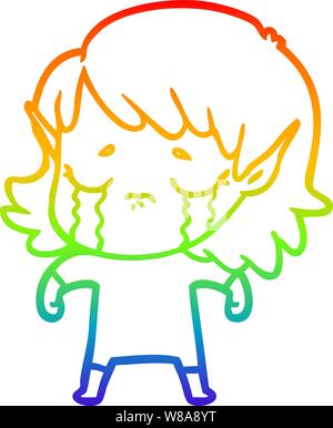 rainbow gradient line drawing of a cartoon crying elf girl Stock Vector