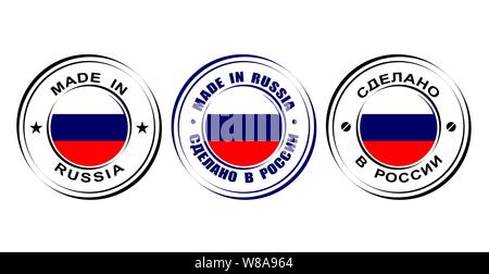 Round label Made in Russia with flag Stock Vector
