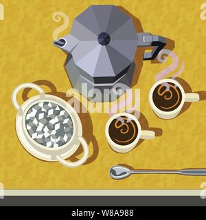 Espresso coffee brewer with 2 steaming cups of coffee a spoon & a large sugar bowl fulll of cubed sugar Stock Vector