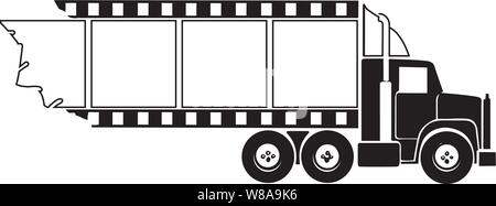 Transport truck hauling film strip. This represents a truck or transport servicing the movie industry logo concept Stock Vector