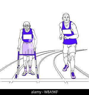 Track & field race between a heathy young man & an elderly bald man with a walker both standing at the starting line of a race track Stock Vector