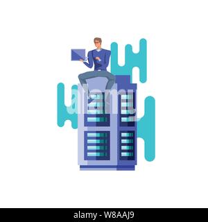 business man sitting in data center server with laptop vector illustration design Stock Vector