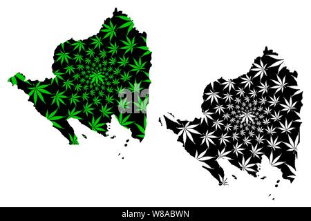 Lampung (Subdivisions of Indonesia, Provinces of Indonesia) map is designed cannabis leaf green and black, Lampung map made of marijuana (marihuana,TH Stock Vector