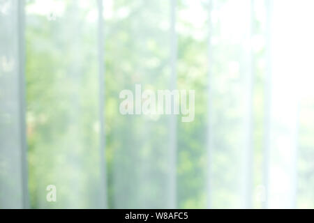 Blur of white curtain with window view / tree garden background. Stock Photo