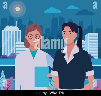 Professionals workers couple smiling cartoons Stock Vector