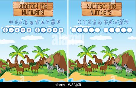 Subtraction number mth educational game illustration Stock Vector