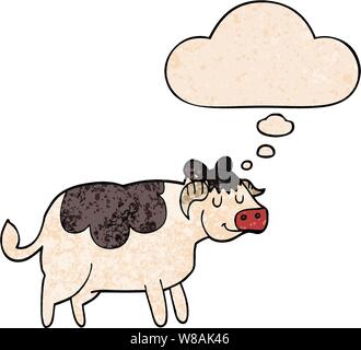 cartoon cow with thought bubble in grunge texture style Stock Vector