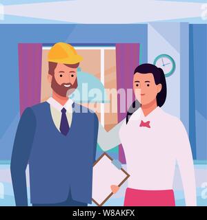 Professionals workers couple smiling cartoons Stock Vector