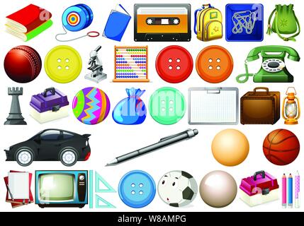 Assorted office, home and school related objects and toys isolated illustration Stock Vector
