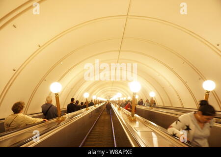 The view of the world's longest escalator in Moscow subway. Stock Photo