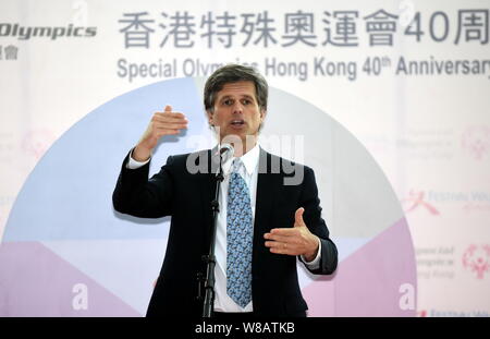 Timothy Shriver, Chairman and CEO of Special Olympics, delivers a speech at the kick-off ceremony for the Special Olympics Hong Kong 40th Anniversary Stock Photo