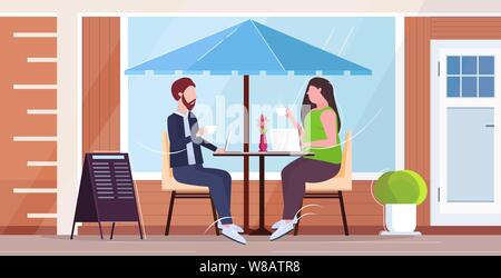 businesspeople couple discussing during meeting business people man woman sitting at table drinking coffee communication concept modern street cafe ex Stock Vector