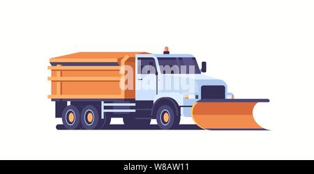 spreading salt on highway gritter snow plow truck icon professional cleaning road vehicle winter snow removal concept flat horizontal vector illustrat Stock Vector