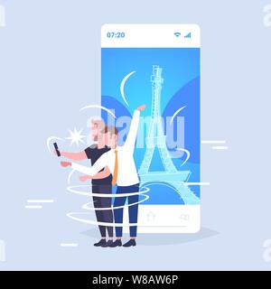 men taking selfie photo on cellphone camera guys couple standing together travel concept paris city silhouette background smartphone screen mobile app Stock Vector