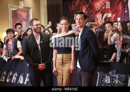(From left) English film director Duncan Jones, also known as Zowie Bowie, American actress Paula Patton and Hong Kong actor Daniel Wu pose at a press Stock Photo