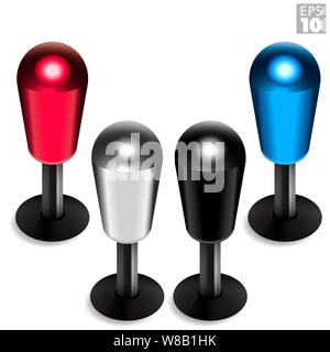 American fighter genre style bat top joysticks for arcade machines in blue, red, black, and anodized aluminum color includes dust washer. Stock Vector