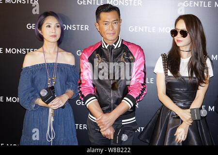 (From left) Hong Kong singer and actress Miriam Yeung, actor Louis Koo and South Korean actress Cheon Seong-im, better known by her stage name Song Ji Stock Photo