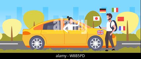 man using mobile dictionary or translator tourist discussing with taxi driver communication people connection concept different languages flags citysc Stock Vector
