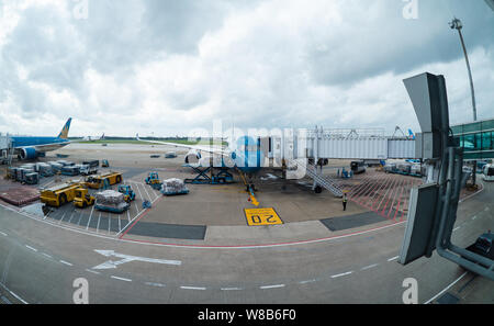 Ho Chi Minh City, Vietnam - August 8, 2019: Fisheye view of Vietnam Airlines Airbus A350-900 at Tan Son Nhat International Airport. Stock Photo
