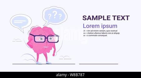 frustrated human brain organ pondering problem chat bubble with question marks communication spp=eech conversation concept kawaii style pink cartoon c Stock Vector