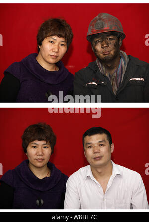 This composite picture shows photos of a Chinese coal miner and his wife after and before he went down into a coal mine in Huaibei city, east China's Stock Photo
