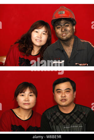 This composite picture shows photos of a Chinese coal miner and his wife after and before he went down into a coal mine in Huaibei city, east China's Stock Photo