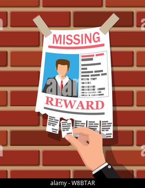 Wanted person paper poster. Missing announce Stock Vector