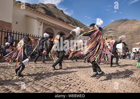 Dancing in the streets at the Virgen del Carmen Festival, held in Pisac and Paucartambo, Peru Stock Photo
