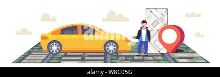 man using smartphone ordering taxi mobile navigation app with location gps position on city map with buildings and streets car sharing concept citysca Stock Vector