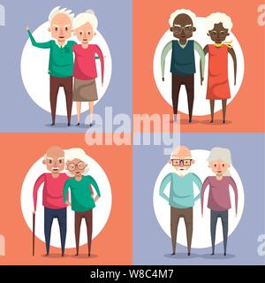 Cute grandparents couples smiling cartoons Stock Vector