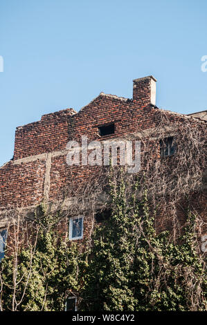 Backside old weathered vintage brick building wall facade Stock Photo