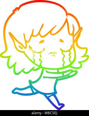 rainbow gradient line drawing of a cartoon crying elf girl Stock Vector