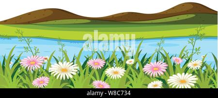 Landscape background with small hills and river illustration Stock Vector