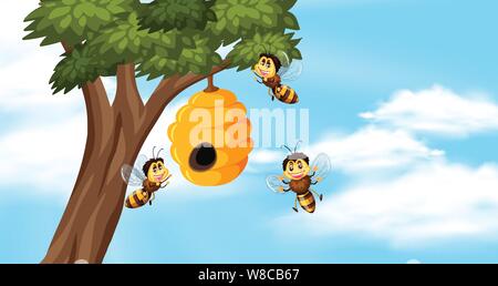 Sky background with bees and beehive on tree illustration Stock Vector