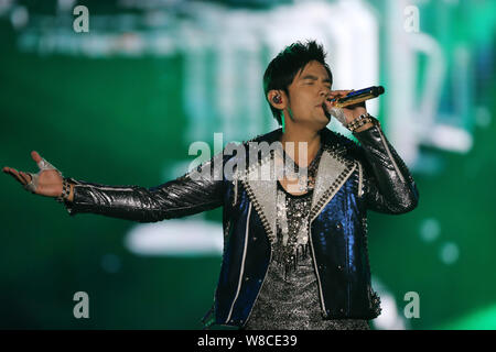 Taiwanese singer Jay Chou performs at the Tianjin concert during his 'Opus 2 Jay 2015 World Tour' in Tianjin, China, 25 April 2015. Stock Photo